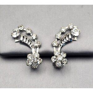 VTG Clip-On Rhinestone Spray Climber Clip-On Earrings 1.25" Silver Tone Cutout